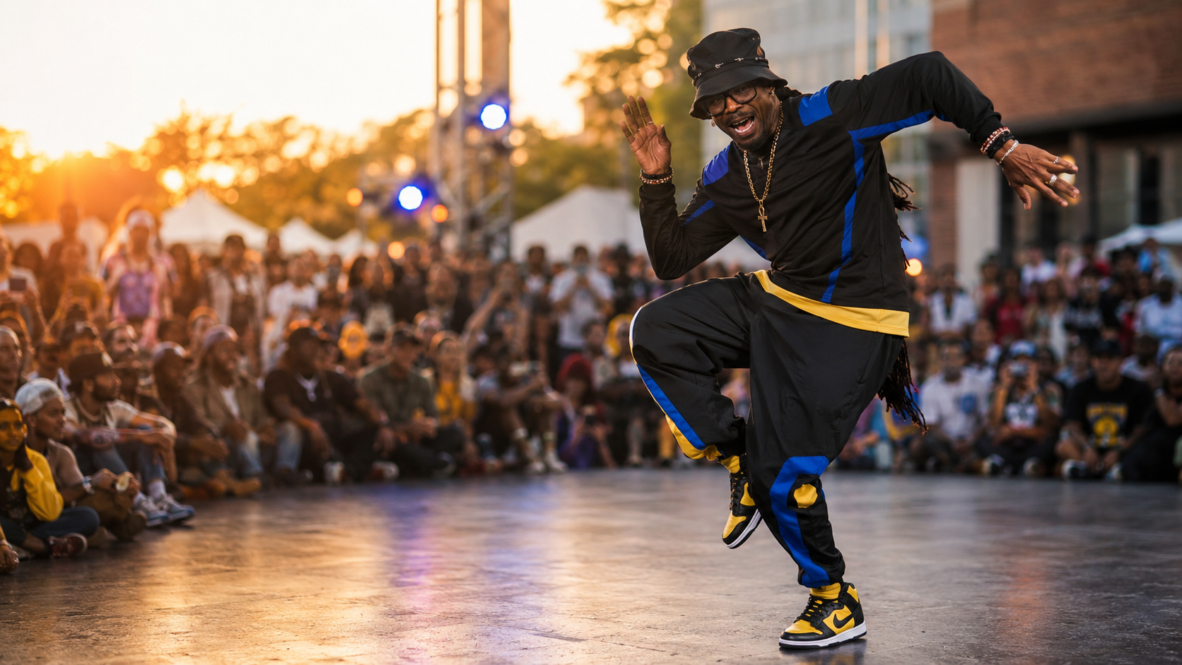 PopaDok performing an energetic freestyle dance move at an outdoor festival
